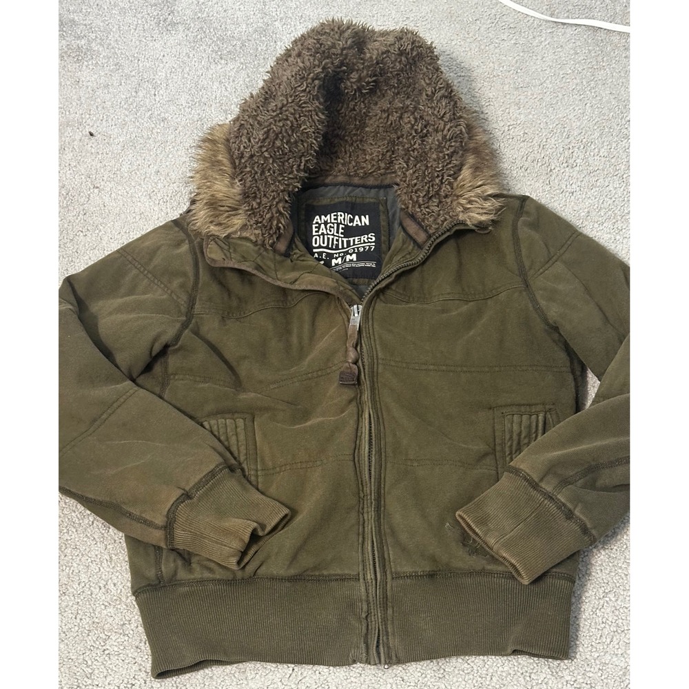 American Eagle Outfitters Mens Olive Green Faux Fur Hooded Bomber Jacket Medium